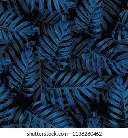 Palm Monstera Seamless Pattern. Blue Black Tropical Summer Background. Beach Jungle Leaves for Swimwear Design. Lei Rapport. Vintage Hawaiian Print. Tropic Textile Texture.  Botanic tile.