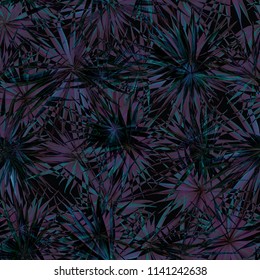 Palm Monstera Seamless Pattern. Blue Black Tropical Summer Background. Beach Jungle Leaves for Swimwear Design. Lei Rapport. Vintage Hawaiian Print. Exotic Texture. Botanic tile.