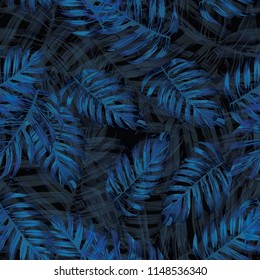 Palm Monstera Seamless Pattern. Blue Black Tropical Summer Background. Beach Jungle Leaves for Swimwear Design. Lei Rapport. Vintage Hawaiian Print. Exotic Texture. Botanic tile.