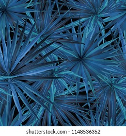 Palm Monstera Seamless Pattern. Blue Black Tropical Summer Background. Beach Jungle Leaves for Swimwear Design. Lei Rapport. Vintage Hawaiian Print. Tropic Textile Texture.  Botanic tiling.