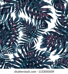 Palm Monstera Seamless Pattern. Blue Black Tropical Summer Background. Beach Jungle Leaves for Swimwear Design. Lei Rapport. Retro Hawaiian Print. Tropic Textile Texture.  Botanic tiling.