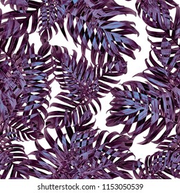 Palm Monstera Seamless Pattern. Blue Black Tropical Summer Background. Beach Jungle Leaves for Swimwear Design. Lei Rapport. Vintage Hawaiian Print. Tropic Textile Texture.  Botanic tiling.