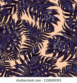 Palm Monstera Seamless Pattern. Blue Black Tropical Summer Background. Beach Jungle Leaves for Swimwear Design. Lei Rapport. Retro Hawaiian Print. Tropic Textile Texture.  Botanic tiling.