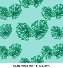 Palm Monstera Seamless Pattern. Blue Black Tropical Summer Background. Beach Jungle Leaves for Swimwear Design.