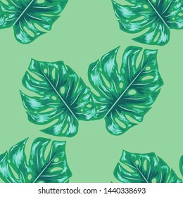 Palm Monstera Seamless Pattern. Blue Black Tropical Summer Background. Beach Jungle Leaves for Swimwear Design.