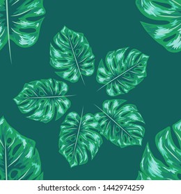 Palm Monstera Seamless Pattern. Blue Black Tropical Summer Background. Beach Jungle Leaves for Swimwear Design.