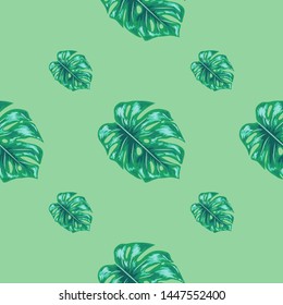Palm Monstera Seamless Pattern. Blue Black Tropical Summer Background. Beach Jungle Leaves for Swimwear Design.