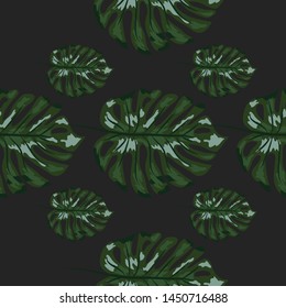 Palm Monstera Seamless Pattern. Blue Black Tropical Summer Background. Beach Jungle Leaves for Swimwear Design.