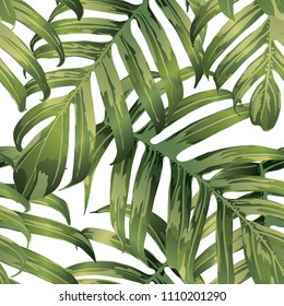 Palm Monstera Seamless Pattern. Green White Tropical Summer Background. Beach and Jungle Leaves for Swimwear Design.  Lei Rapport. Retro Hawaiian Print. Exotic Texture. Botanic tiling.