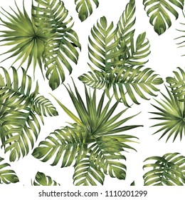 Palm Monstera Seamless Pattern. Green White Tropical Summer Background. Beach Jungle Leaves for Swimwear Design. Lei Rapport. Retro Hawaiian Print. Exotic Texture. Botanic tiling.