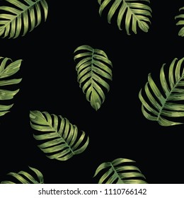 Palm Monstera Seamless Pattern. Green Black Tropical Summer Background. Beach Jungle Leaves for Swimwear Design. Lei Rapport. Retro Hawaiian Print. Exotic Texture. Botanic tile.