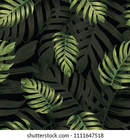 Palm Monstera Seamless Pattern. Green Black Tropical Summer Background. Beach Jungle Leaves for Swimwear Design. Lei Rapport. Retro Hawaiian Print. Tropic Textile Texture.  Botanic tile.