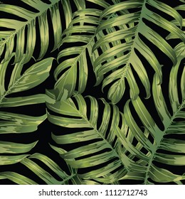 Palm Monstera Seamless Pattern. Green Black Tropical Summer Background. Beach Jungle Leaves for Swimwear Design. Lei Rapport. Vintage Hawaiian Print. Tropic Textile Texture.  Botanic tiling.
