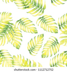 Palm Monstera Seamless Pattern. Green White Tropical Summer Background. Beach and Jungle Leaves for Swimwear Design.  Lei Rapport. Retro Hawaiian Print. Tropic Textile Texture.  Botanic tile.