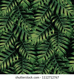 Palm Monstera Seamless Pattern. Green Black Tropical Summer Background. Beach Jungle Leaves for Swimwear Design. Lei Rapport. Retro Hawaiian Print. Tropic Textile Texture.  Botanic tile.