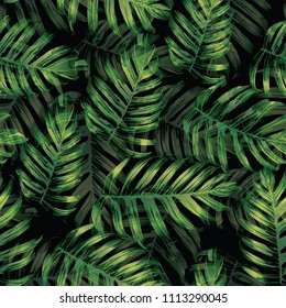 Palm Monstera Seamless Pattern. Green Black Tropical Summer Background. Beach Jungle Leaves for Swimwear Design. Lei Rapport. Retro Hawaiian Print. Exotic Texture. Botanic tile.