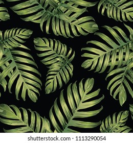 Palm Monstera Seamless Pattern. Green Black Tropical Summer Background. Beach Jungle Leaves for Swimwear Design. Lei Rapport. Vintage Hawaiian Print. Exotic Texture. Botanic tiling.