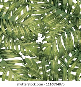 Palm Monstera Seamless Pattern. Green White Tropical Summer Background. Beach Jungle Leaves for Swimwear Design. Lei Rapport. Retro Hawaiian Print. Exotic Texture. Botanic tiling.