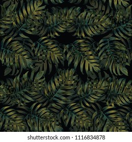 Palm Monstera Seamless Pattern. Green Black Tropical Summer Background. Beach Jungle Leaves for Swimwear Design. Lei Rapport. Vintage Hawaiian Print. Tropic Textile Texture.  Botanic tiling.
