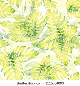 Palm Monstera Seamless Pattern. Green White Tropical Summer Background. Beach Jungle Leaves for Swimwear Design. Lei Rapport. Retro Hawaiian Print. Tropic Textile Texture.  Botanic tile.