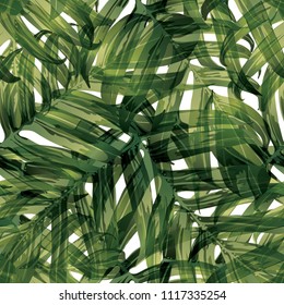 Palm Monstera Seamless Pattern. Green White Tropical Summer Background. Beach Jungle Leaves for Swimwear Design. Lei Rapport. Retro Hawaiian Print. Tropic Textile Texture.  Botanic tile.