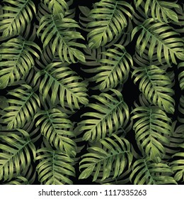 Palm Monstera Seamless Pattern. Green Black Tropical Summer Background. Beach Jungle Leaves for Swimwear Design. Lei Rapport. Vintage Hawaiian Print. Tropic Textile Texture.  Botanic tiling.