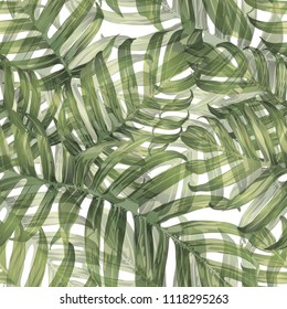 Palm Monstera Seamless Pattern. Green White Tropical Summer Background. Beach and Jungle Leaves for Swimwear Design.  Lei Rapport. Vintage Hawaiian Print. Exotic Texture. Botanic tiling.