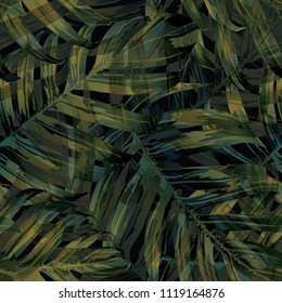 Palm Monstera Seamless Pattern. Green Black Tropical Summer Background. Beach Jungle Leaves for Swimwear Design. Lei Rapport. Vintage Hawaiian Print. Tropic Textile Texture.  Botanic tile.