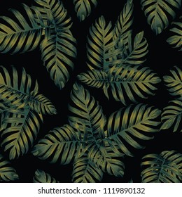 Palm Monstera Seamless Pattern. Green Black Tropical Summer Background. Beach Jungle Leaves for Swimwear Design. Lei Rapport. Retro Hawaiian Print. Exotic Texture. Botanic tile.