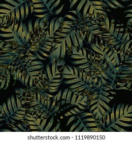 Palm Monstera Seamless Pattern. Green Black Tropical Summer Background. Beach Jungle Leaves for Swimwear Design. Lei Rapport. Retro Hawaiian Print. Exotic Texture. Botanic tile.