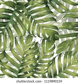 Palm Monstera Seamless Pattern. Green White Tropical Summer Background. Beach Jungle Leaves for Swimwear Design. Lei Rapport. Vintage Hawaiian Print. Exotic Texture. Botanic tile.