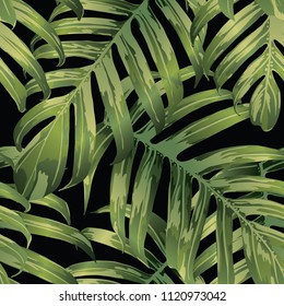 Palm Monstera Seamless Pattern. Green Black Tropical Summer Background. Beach Jungle Leaves for Swimwear Design. Lei Rapport. Retro Hawaiian Print. Tropic Textile Texture.  Botanic tile.