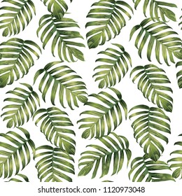 Palm Monstera Seamless Pattern. Green White Tropical Summer Background. Beach and Jungle Leaves for Swimwear Design.  Lei Rapport. Retro Hawaiian Print. Exotic Texture. Botanic tiling.