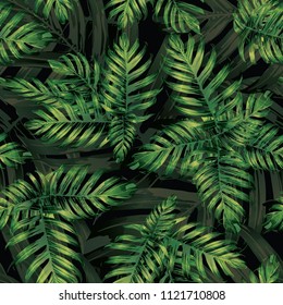 Palm Monstera Seamless Pattern. Green Black Tropical Summer Background. Beach Jungle Leaves for Swimwear Design. Retro Hawaiian Print. Exotic Texture. Botanic tile.