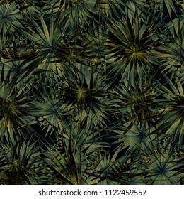 Palm Monstera Seamless Pattern. Green Black Tropical Summer Background. Beach Jungle Leaves for Swimwear Design. Lei Rapport. Retro Hawaiian Print. Exotic Texture. Botanic tiling.