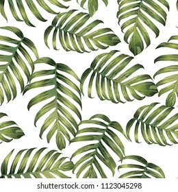 Palm Monstera Seamless Pattern. Green White Tropical Summer Background. Beach Jungle Leaves for Swimwear Design. Lei Rapport. Vintage Hawaiian Print. Tropic Textile Texture.  Botanic tile.