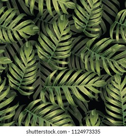 Palm Monstera Seamless Pattern. Green Black Tropical Summer Background. Beach Jungle Leaves for Swimwear Design. Lei Rapport. Vintage Hawaiian Print. Exotic Texture. Botanic tiling.