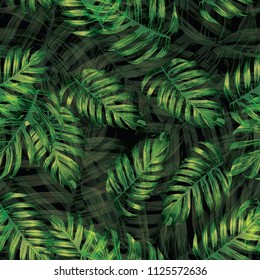 Palm Monstera Seamless Pattern. Green Black Tropical Summer Background. Beach Jungle Leaves for Swimwear Design. Lei Rapport. Vintage Hawaiian Print. Tropic Textile Texture.  Botanic tile.