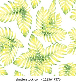 Palm Monstera Seamless Pattern. Green White Tropical Summer Background. Beach Jungle Leaves for Swimwear Design. Lei Rapport. Retro Hawaiian Print. Tropic Textile Texture.  Botanic tiling.