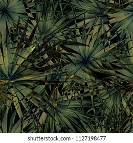 Palm Monstera Seamless Pattern. Green Black Tropical Summer Background. Beach Jungle Leaves for Swimwear Design. Lei Rapport. Vintage Hawaiian Print. Tropic Textile Texture.  Botanic tiling.