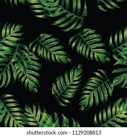 Palm Monstera Seamless Pattern. Green Black Tropical Summer Background. Beach Jungle Leaves for Swimwear Design. Lei Rapport. Retro Hawaiian Print. Exotic Texture. Botanic tiling.