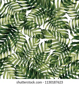 Palm Monstera Seamless Pattern. Green White Tropical Summer Background. Beach and Jungle Leaves for Swimwear Design.  Lei Rapport. Vintage Hawaiian Print. Tropic Textile Texture.  Botanic tile.