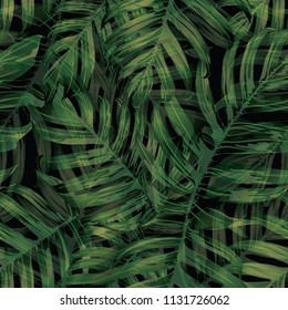 Palm Monstera Seamless Pattern. Green Black Tropical Summer Background. Beach Jungle Leaves for Swimwear Design. Lei Rapport. Vintage Hawaiian Print. Exotic Texture. Botanic tile.