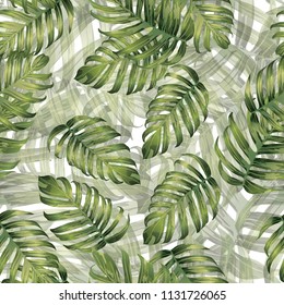 Palm Monstera Seamless Pattern. Green White Tropical Summer Background. Beach and Jungle Leaves for Swimwear Design.  Lei Rapport. Retro Hawaiian Print. Exotic Texture. Botanic tiling.