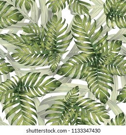 Palm Monstera Seamless Pattern. Green White Tropical Summer Background. Beach Jungle Leaves for Swimwear Design. Lei Rapport. Retro Hawaiian Print. Exotic Texture. Botanic tiling.