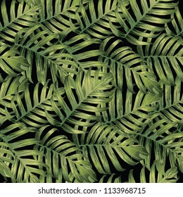 Palm Monstera Seamless Pattern. Green Black Tropical Summer Background. Beach Jungle Leaves for Swimwear Design. Lei Rapport. Retro Hawaiian Print. Exotic Texture. Botanic tiling.