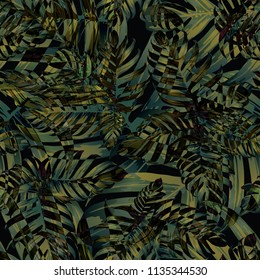 Palm Monstera Seamless Pattern. Green Black Tropical Summer Background. Beach Jungle Leaves for Swimwear Design. Lei Rapport. Retro Hawaiian Print. Tropic Textile Texture.  Botanic tiling.