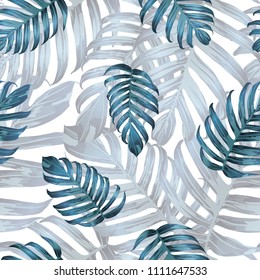 Palm Monstera Seamless Pattern. Indigo Tropical Summer Background. Beach Jungle Leaves for Swimwear Design. Lei Rapport. Vintage Hawaiian Print. Exotic Texture. Botanic tiling.