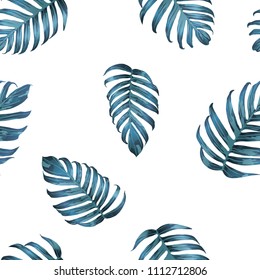 Palm Monstera Seamless Pattern. Indigo Tropical Summer Background. Beach Jungle Leaves for Swimwear Design. Lei Rapport. Retro Hawaiian Print. Tropic Textile Texture.  Botanic tile.