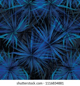 Palm Monstera Seamless Pattern. Indigo Tropical Summer Background. Beach Jungle Leaves for Swimwear Design. Lei Rapport. Retro Hawaiian Print. Tropic Textile Texture.  Botanic tiling.